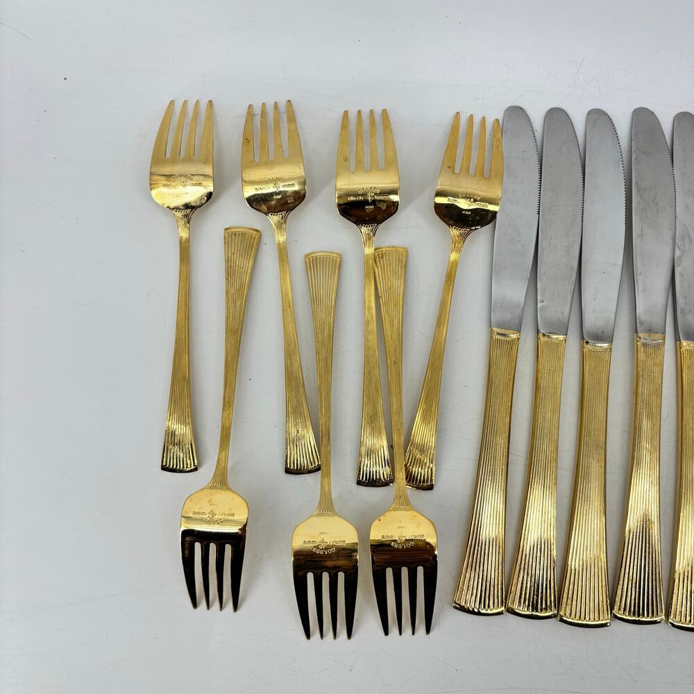 Golden Barclay Gold Tone Flatware 25 Pcs Hollywood Regency Fork Spoon - Picture 6 of 10